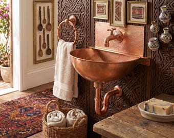 Hammered Copper Wall Mounted Sink | Unlacquered Moroccan Riad Vanity Basin