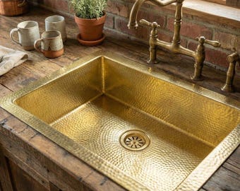 Hammered Brass Sink Undermount Kitchen Basin 16 Gauge Handmade Solid Rustic Farmhouse Fixture Unlacquered