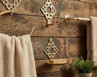 Hammered Brass Bathroom Hardware Set: Handmade Unlacquered Vintage Wall Mount Fixtures, Moroccan Engraved Accessories
