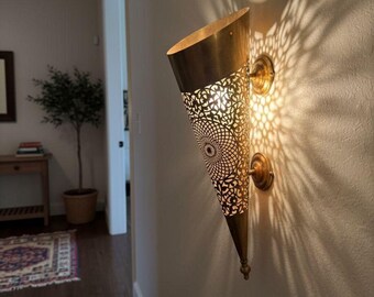 Pierced Moroccan Brass Wall Sconce, Antique Finish Shadow Light, Cone Handcrafted Hallway Lamp