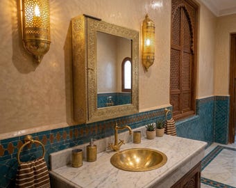 Handmade Brass Engraved Moroccan Wall Cabinet Velvet Lined Boho Curio