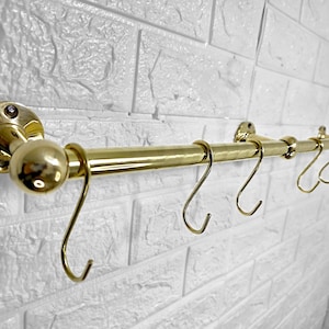 Unlacquered Brass Pot Rail with S Hooks: Wall Mounted Kitchen Organizer
