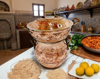 Copper Engraved Couscoussier, Brass Handle Steamer Pot, Moroccan Handcrafted Kitchen Gift