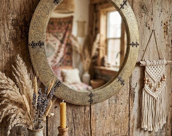 Handmade Silver Brass Moroccan Wall Mirror Fes Bone Inlay Round Embossed Frame