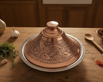 Copper Tagine Pot, Hand Hammered Moroccan Cookware, Tin Lined Engraved Serving Tray