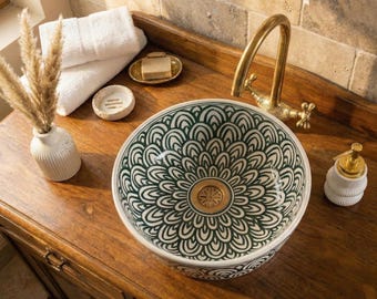 Ceramic Moroccan Hand Painted Vessel Sink - Black White Geometric Pattern Artisan Washbasin