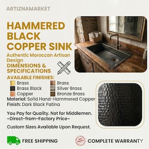 Könnte beinhalten: Gehämmerte schwarze Kupferspüle mit authentischem marokkanischem Design. Die Spüle besteht aus massivem, handgehämmertem Kupfer mit dunkler schwarzer Patina. Verfügbare Ausführungen: Messing, Schwarzmessing und Kupfer.
