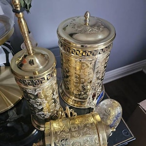 Brass Bathroom Set - Vintage Toilet Paper Holder, Trash Can with Lid & Toilet Brush | Luxury Bath Accessories