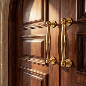 Può includere: Primo piano di una porta in legno massello con due maniglie in ottone. La porta è di un ricco colore marrone con un design a pannelli. Le maniglie sono lunghe e curve, con placche rotonde. L'ingresso è ben illuminato.