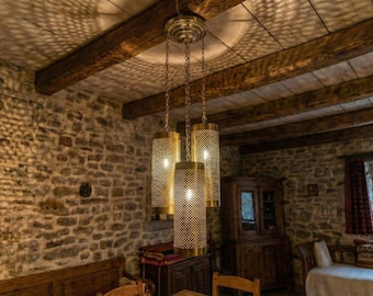 Lámpara colgante cilíndrica de latón macizo: Lámpara de araña marroquí de 3 niveles sin lacar