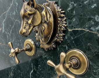 Antique Brass Wall Mount Faucet, Horse Head Cross Handle Tap, Vintage Equestrian Bathroom Fixture
