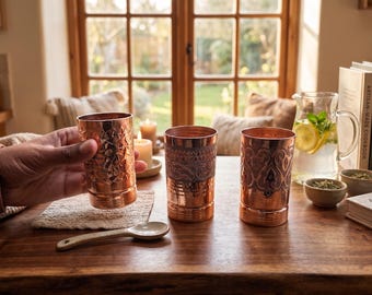 Handcrafted 100% Pure Copper Cups, Set of 3 Engraved Ayurvedic Moroccan Copperware