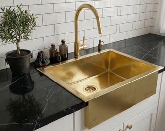 Unlacquered Brass Farmhouse Sink, Handcrafted Solid Metal Apron Front Kitchen Basin