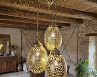 Solid Brass Triple Pendant Light Moroccan Perforated Chandelier Unlacquered Finish Cluster