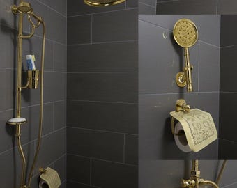 Unalacquered Brass Exposed Shower System, 10 Inch Rainfall Head, Vintage Cross Handle Bath Set