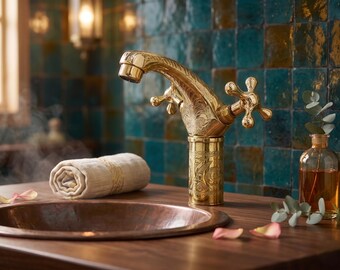 Grifo de baño marroquí de cuello de cisne para montaje en cubierta, de cobre, acabado sin lacar, hecho a mano. Válvula de latón macizo.