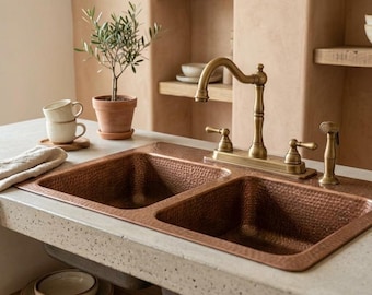 Copper Sink Hand-Hammered Double Bowl Kitchen Basin Drop-In Farmhouse Luxury Rustic Custom Size Countertop Fixture Handmade in Fes Morocco