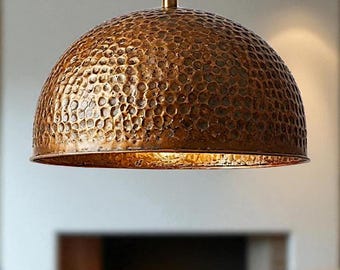 Hammered Copper Dome Pendant Light, Handmade Rustic Farmhouse Lighting