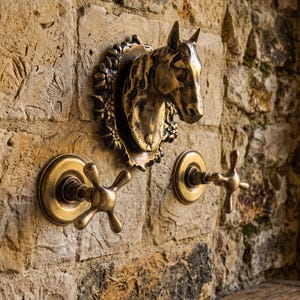 Puede incluir: Un grifo de bronce con forma de cabeza de caballo montado en una pared de piedra texturizada. El grifo presenta una cabeza de caballo detallada rodeada por una corona floral, con dos manijas en forma de cruz a cada lado.