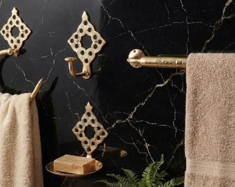 Hammered Unlacquered Brass Bathroom Hardware Set: 4-Piece Moroccan Filigree Wall Mount Fixtures