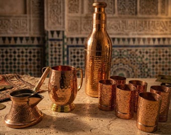 Hammered copper set, pure Moroccan 1L water bottle, cezve, tumblers, Ayurvedic detox hydration gift