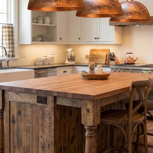 Warm ambient light glowing from underneath a hammered copper pendant light in a cozy boho living room.