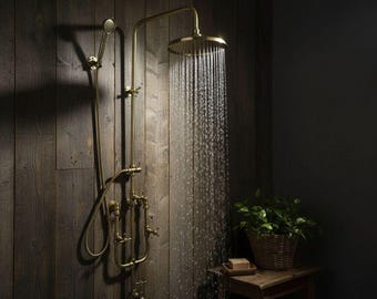 Unlacquered Copper Shower System, Moroccan Rainfall Fixture, Handheld Sprayer, Solid Brass Exposed Plumbing