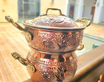 Hand-Engraved Copper Couscoussier: 2-Tier Tin-Lined Steamer Pot with Solid Brass Handles , Moroccan Handcrafted Kitchen Gift