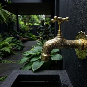 May include: Ornate brass faucet with intricate floral patterns, mounted on a textured black wall. The faucet features a decorative handle and a round, scalloped base. Water droplets are visible, suggesting recent use. The background shows lush greenery.