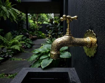 Solid Unlacquered Brass Wall Mount Faucet: Hand-Engraved Moroccan Vintage Bathroom Sink Mixer Tap