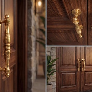 May include: Close-up of a wooden door with ornate, gold-colored door handles. The door is a rich, dark brown color, and the handles have a detailed, textured design. The image showcases the hardware and the door's craftsmanship.