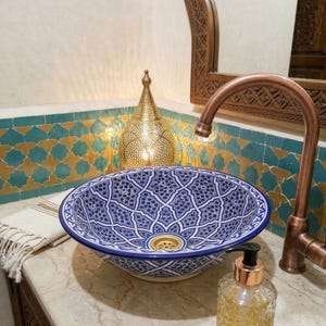 Hand-Painted Moroccan Ceramic Vessel Sink: Round Blue Washbasin with Solid Brass Drain