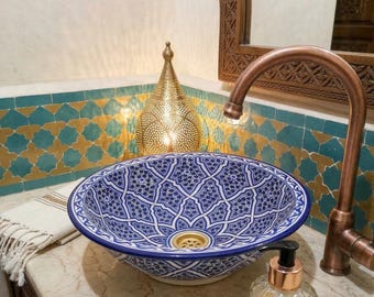 Hand-Painted Moroccan Ceramic Vessel Sink: Round Blue Washbasin with Solid Brass Drain