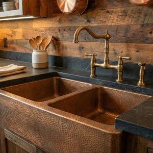 Peut inclure: Un évier de cuisine en cuivre à deux bacs avec une texture martelée, posé sur un plan de travail sombre et une crédence en bois rustique. Un robinet en laiton et des ustensiles en bois dans un pot en céramique complètent l'esthétique de la cuisine.