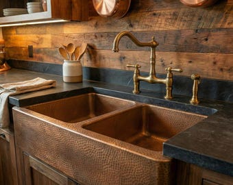 Hand-Hammered Solid Copper Double-Bowl Farmhouse Sink: 33-Inch Apron-Front Kitchen Basin