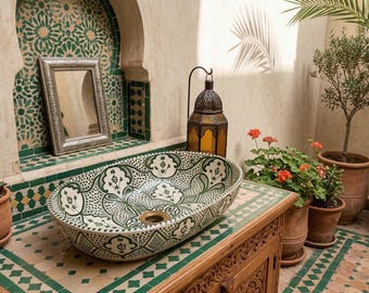 Emerald Green Ceramic Vessel Sink: Handmade Hand-Painted Moroccan Oval Bathroom Basin 16