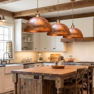 Side view of a 14.2-inch wide copper pendant light with a black adjustable cord and brass socket.