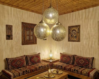 Solid Brass Pendant Moroccan Hand-Pierced Unlacquered Triple Globe Cluster Ceiling Light