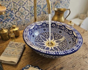 Handmade Blue Ceramic Vessel Sink: 14-Inch Hand-Painted Moroccan Fes Bathroom Basin