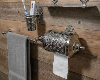 Silver Plated Brass Bath Set, Engraved Hardware, Wall Mounted Towel Bar, Shelf, Holder