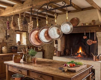 May include: A rustic kitchen with a large wooden table and stone walls. Copper pans hang above a wooden table with fresh vegetables. A fireplace with a burning fire is in the background. Dried herbs and garlic hang from the ceiling.
