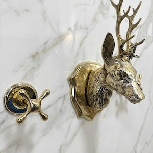 Unlacquered Brass Faucet, Handcrafted Deer Head Wall Mount Tap, Solid Moroccan Maximalist Hardware