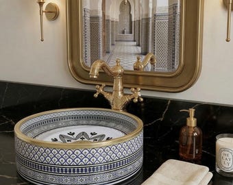 Handmade Moroccan Sink for artisanal bathroom vanities; a luxury vessel basin with gold trim.