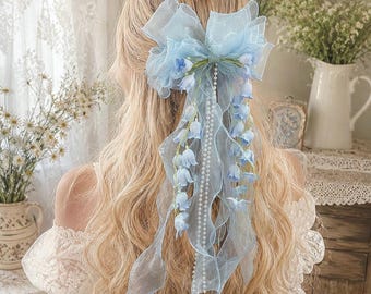 Pastel Flower Bow Hair Clip, Oversized Cottagecore Hair Bow with Pearls, Fairycore Bridal Hair Accessory, Coquette Gift