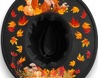 Autumn Fox Wide Brim Hat, Orange Fall Leaves Fedora Hat, Pumpkin Mushroom Woodland Cottagecore Accessory, Holiday Festival Hat