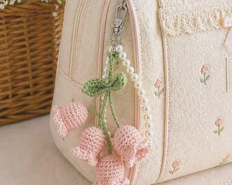Cottagecore Crochet Flower Bag Keychain Charm, Pearl Wrist Strap, Handmade Tulip, Coquette Aesthetic Bag Charm Gift