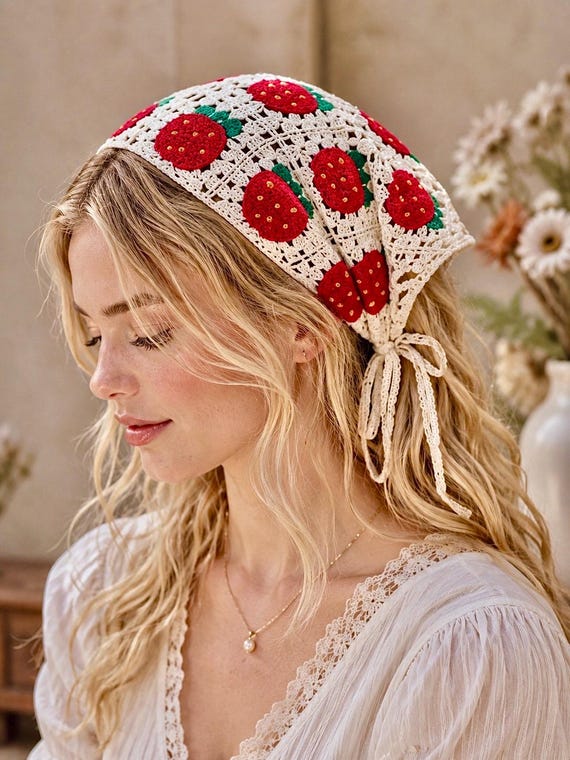 Crochet Headscarf Floral Bandana Cottagecore Head Scarf Handmade Boho Hair Wrap Vintage Accessory Gift Her Wife Women Mom Sister