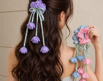 Coquette Floral Hair Tie, Cottagecore Hair Accessory, Ribbon Flower Scrunchie, Pastel Flower Hairband, Fairycore Hair Piece, Romantic Hair