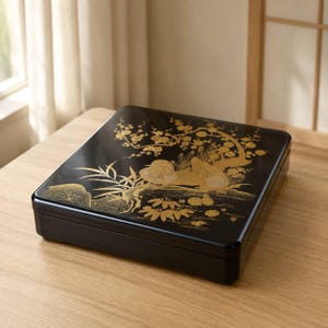 Könnte beinhalten: Eine rechteckige schwarze Lackschatulle mit glänzender Oberfläche, die auf dem Deckel eine goldfarbene dekorative Illustration eines blühenden Baumzweigs, Bambusstangen und stilisierte florale Elemente auf der Oberfläche zeigt.
