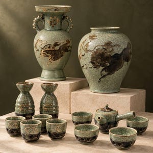Puede incluir: Una colección de cerámica color celadón con acabado de esmalte craquelado y motivos de caballos en marrón oscuro. El conjunto incluye dos jarrones grandes, dos garrafas altas, una tetera con mango lateral y ocho tazas de té a juego.